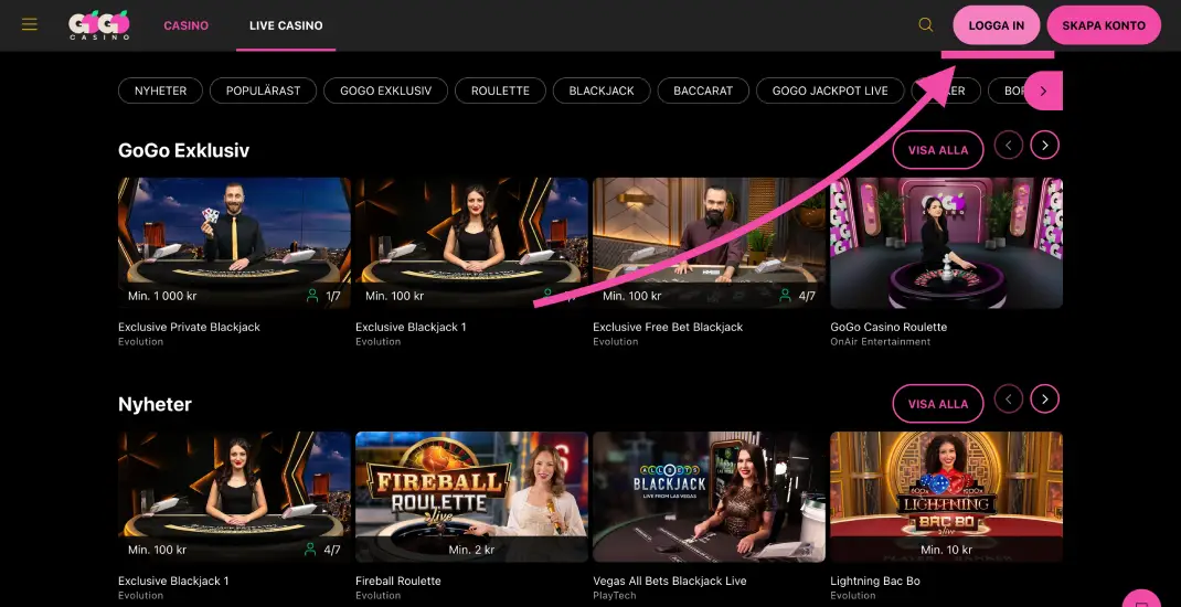 Logga in på ditt GoGoCasino-konto