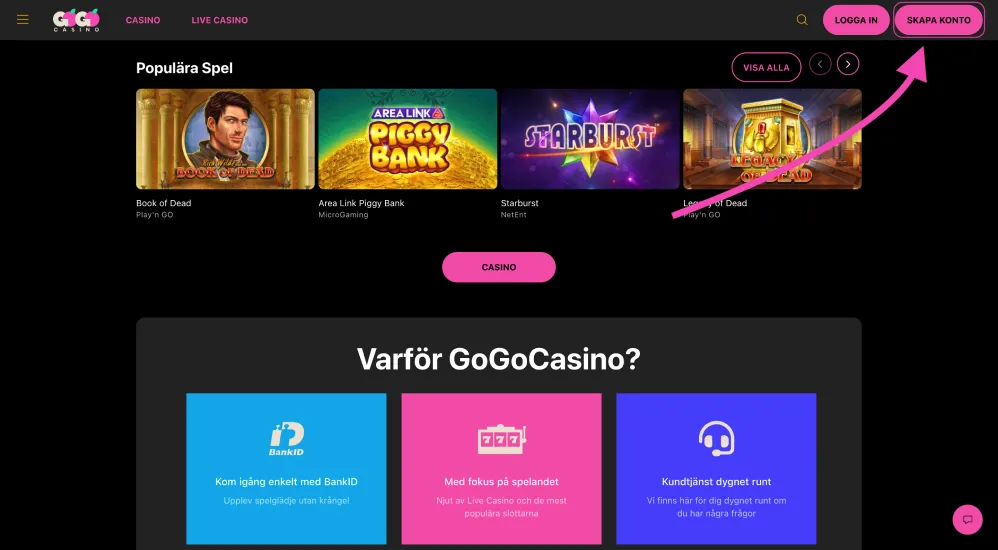 Registrering på onlinecasinot GoGoCasino